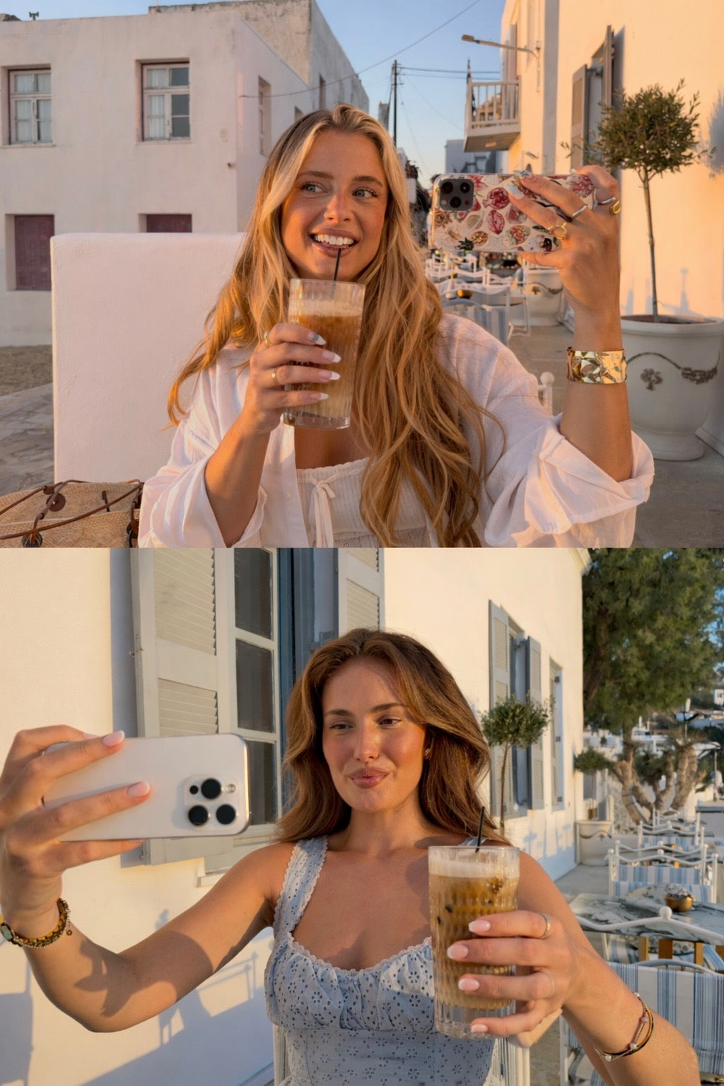 Ambassadrices Soreli profitant d’un café glacé en été, portant des bijoux dorés en acier inoxydable.