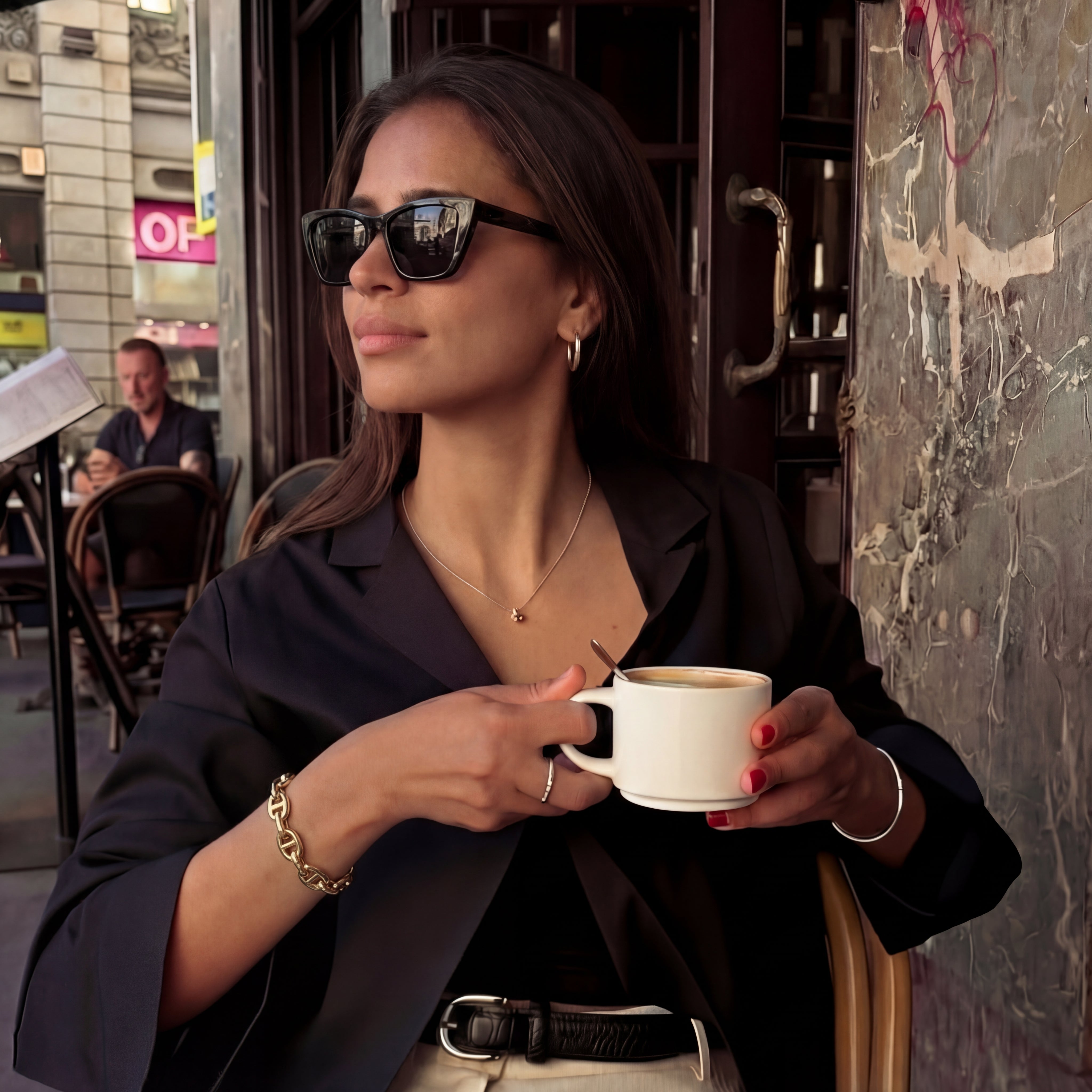 Femme portant le Bracelet Audacieuse doré en acier inoxydable 316L – bijou à maillons sculptés, audacieux et raffiné, waterproof, hypoallergénique et élégant