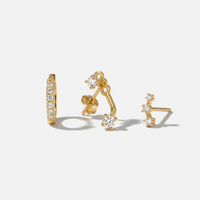 Set de 3 boucles d'oreilles Boucle Trilogie femme, zirconium, argent 925 plaqué or 18 carats, vue de face – Soreli Paris