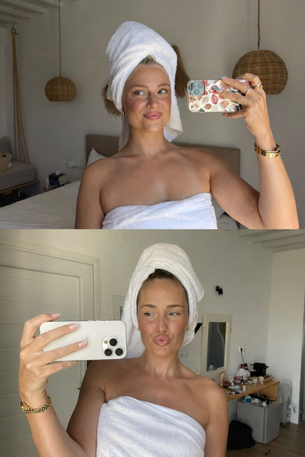 Ambassadrices Soreli se préparant dans leur routine beauté, portant des bijoux dorés waterproof en acier inoxydable.