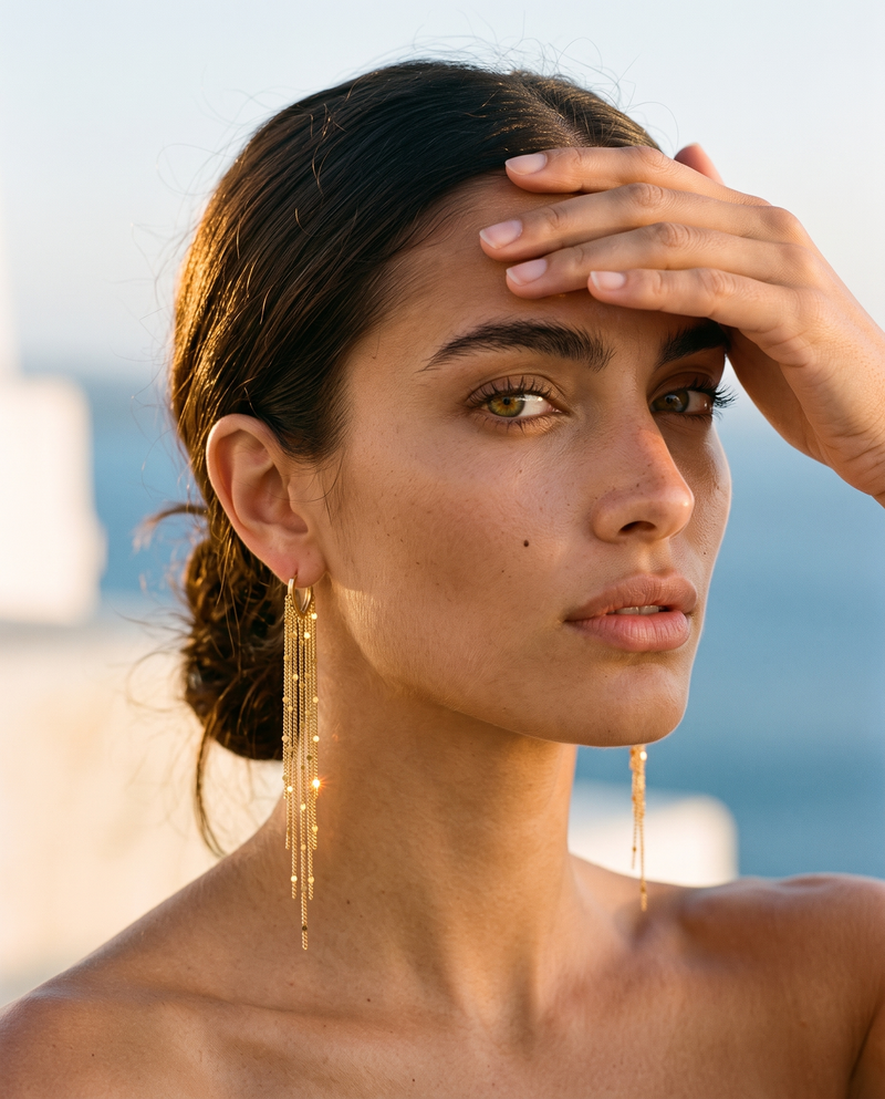 Boucles d'oreilles Cascade SORELI portées — créole en V plaquée or 18 carats avec franges de chaînes, portrait golden hour